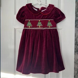 Lil Cactus Burgundy Velour Christmas Tree Smocked Dress